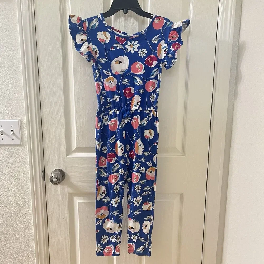 Tea Collection What's the Scoop Blue Floral Jumpsuit Girl's Size 7